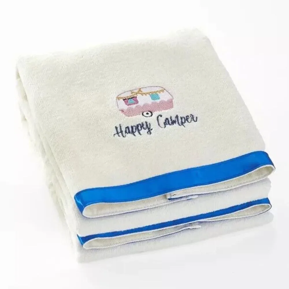 Glamper Happy Camper Hand Towels 2-Pc Embroidered Blue Border Cotton Gift NEW